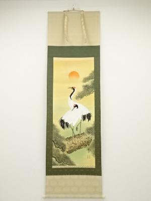 青峰筆　松上双鶴　肉筆絹本掛軸